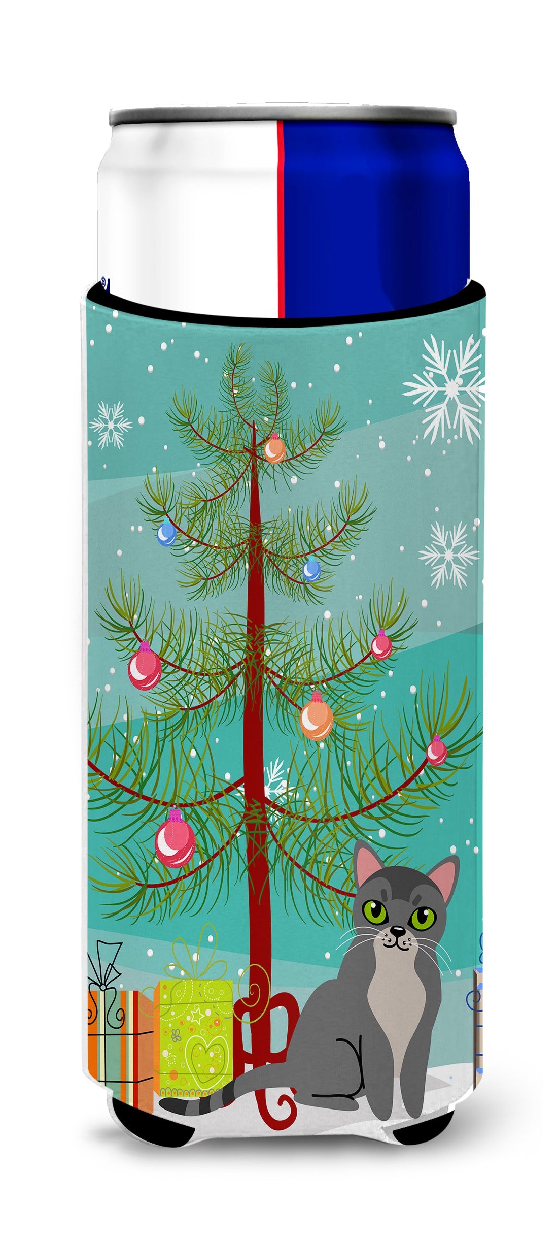 Asian Cat Merry Christmas Tree Slim Can Hugger , Insulated Foam Hugger for 12 oz Slim Cans, Beer Bottles & Water Bottles, Printed in USA