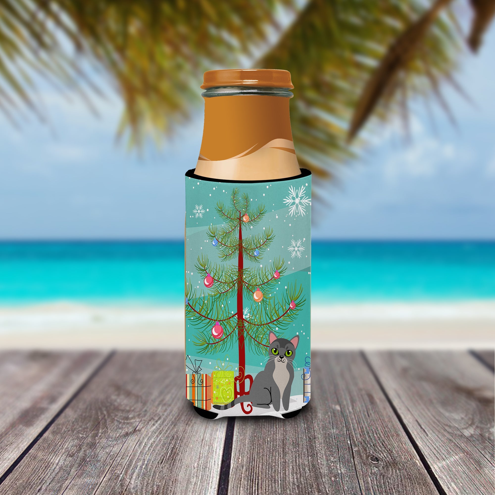 Asian Cat Merry Christmas Tree Slim Can Hugger , Insulated Foam Hugger for 12 oz Slim Cans, Beer Bottles & Water Bottles, Printed in USA