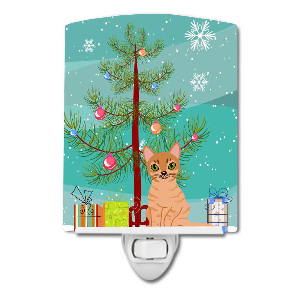 Australian Mist Cat Merry Christmas Tree Ceramic Night Light Compact, UL-Certified, Ideal for Bedroom, Bathroom, Nursery, Hallway, Kitchen, 6x4x3, Multicolor