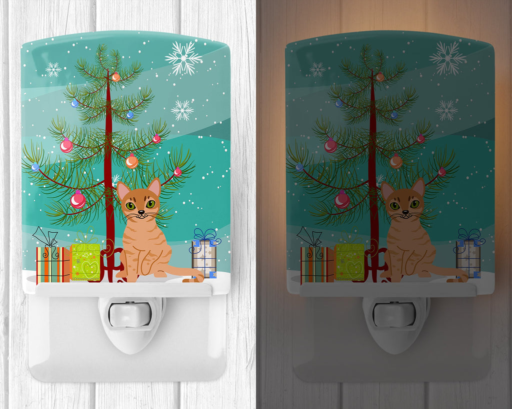 Australian Mist Cat Merry Christmas Tree Ceramic Night Light Compact, UL-Certified, Ideal for Bedroom, Bathroom, Nursery, Hallway, Kitchen, 6x4x3, Multicolor