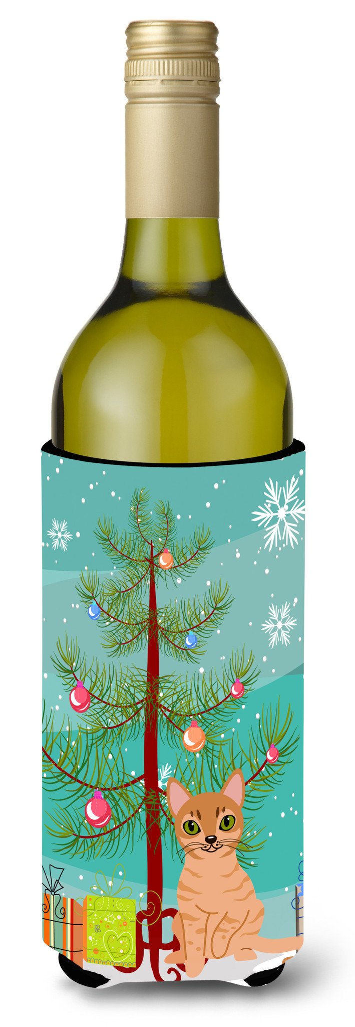 Australian Mist Cat Merry Christmas Tree Wine Bottle Hugger Gift Sleeve for Standard 750 ml Bottles, Insulated Reusable Also Fits Mini Shot & Pint Bottles