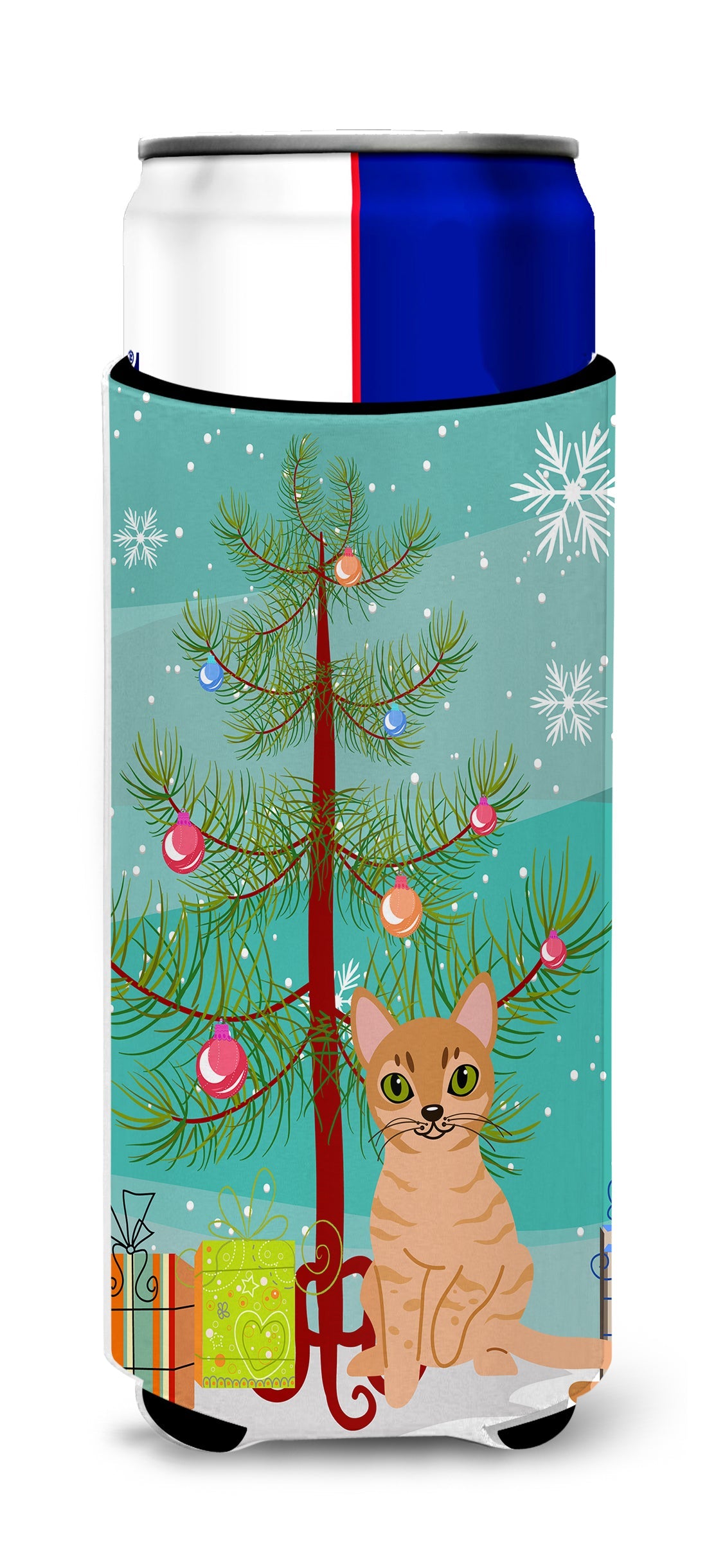 Australian Mist Cat Merry Christmas Tree Slim Can Hugger , Insulated Foam Hugger for 12 oz Slim Cans, Beer Bottles & Water Bottles, Printed in USA