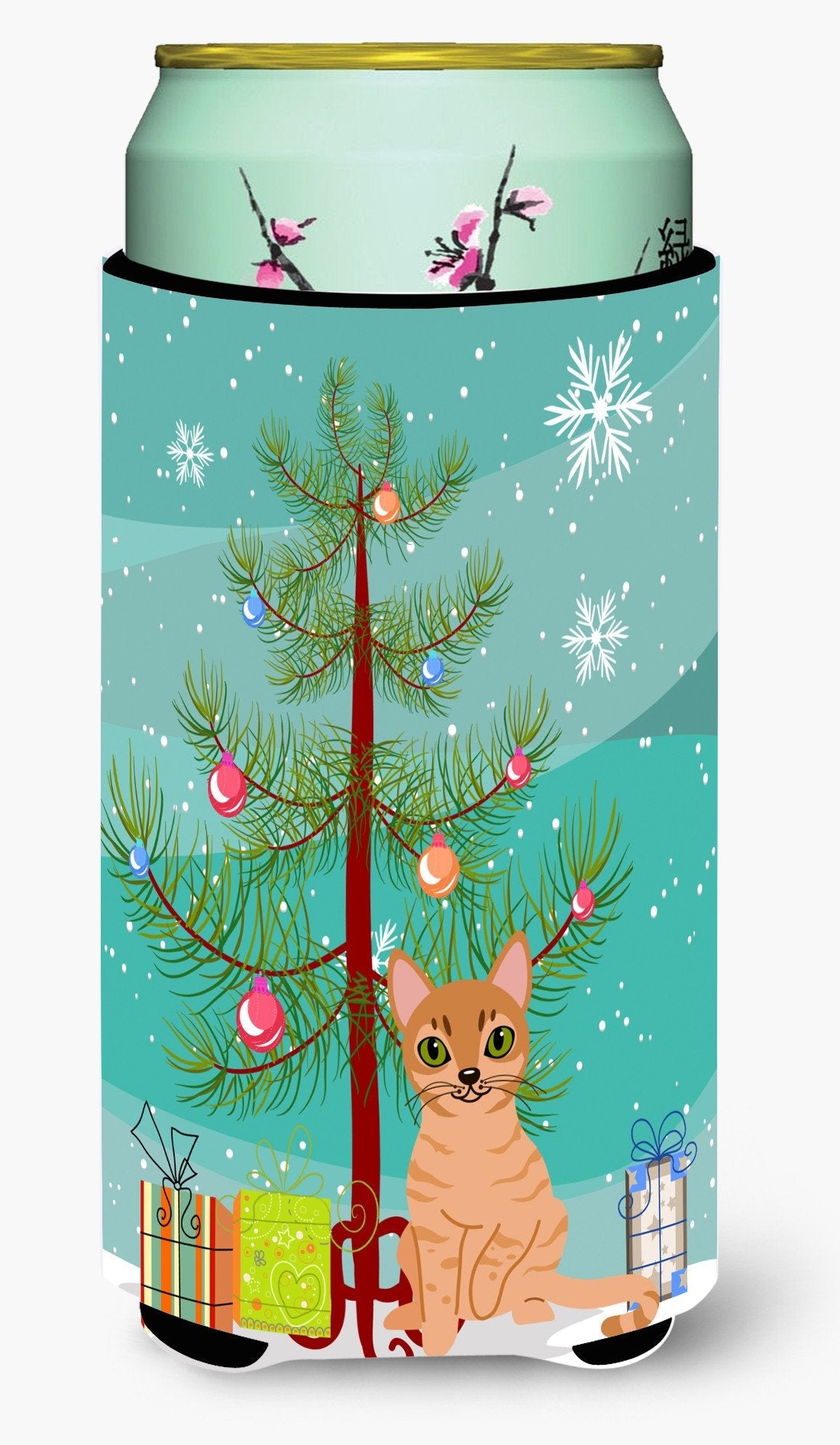 Australian Mist Cat Merry Christmas Tree Tall Boy Hugger Can Cooler Sleeve Machine Washable Drink Collapsible Insulator Beverage Insulated Holder