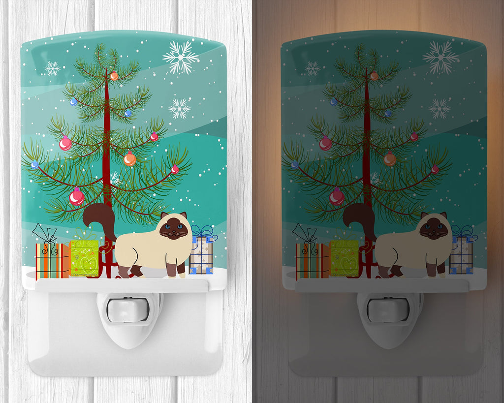 Birman Cat Merry Christmas Tree Ceramic Night Light Compact, UL-Certified, Ideal for Bedroom, Bathroom, Nursery, Hallway, Kitchen, 6x4x3, Multicolor
