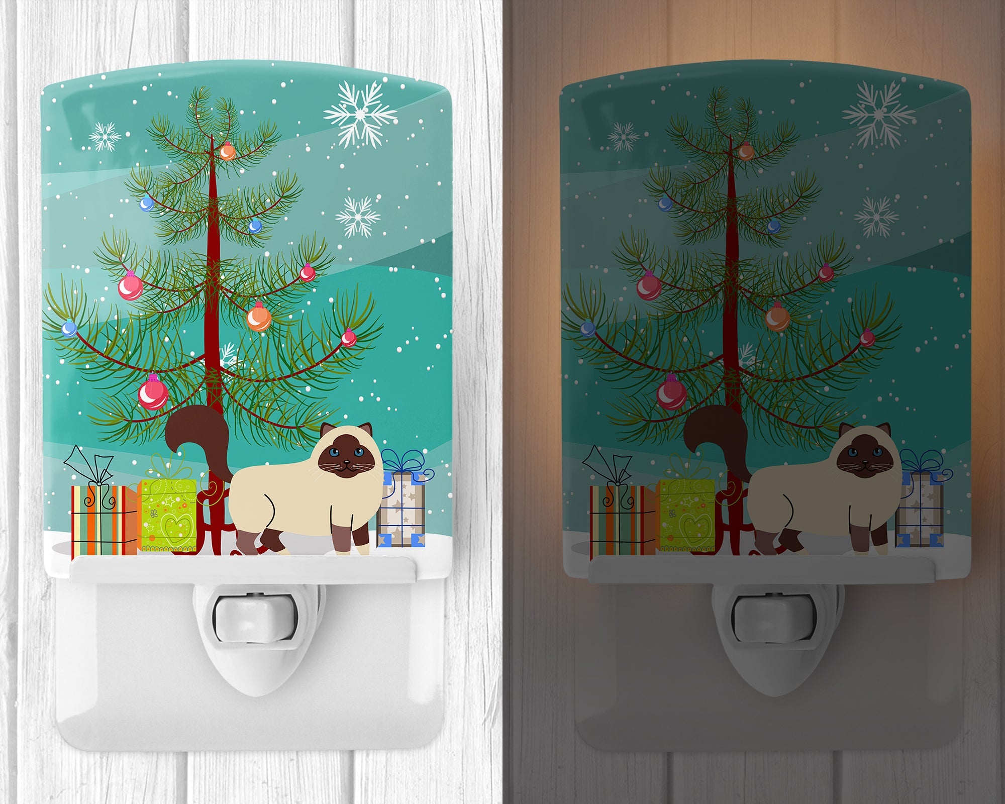 Birman Cat Merry Christmas Tree Ceramic Night Light Compact, UL-Certified, Ideal for Bedroom, Bathroom, Nursery, Hallway, Kitchen, 6x4x3, Multicolor