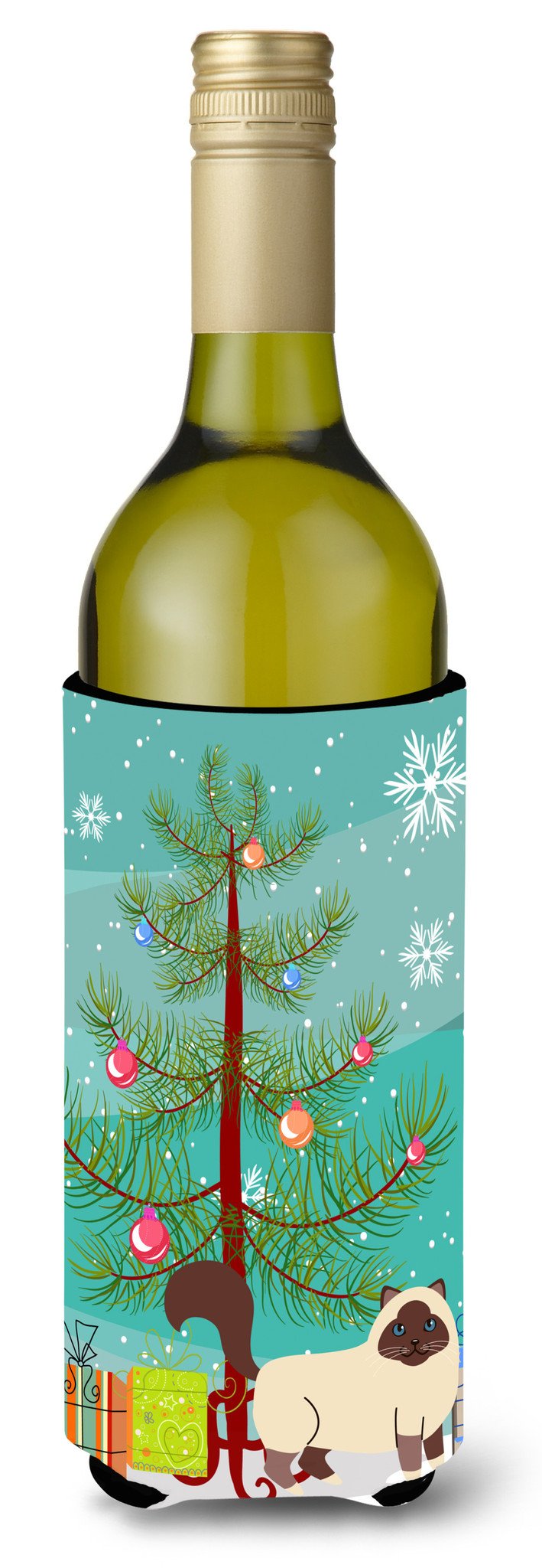 Birman Cat Merry Christmas Tree Wine Bottle Hugger Gift Sleeve for Standard 750 ml Bottles, Insulated Reusable Also Fits Mini Shot & Pint Bottles