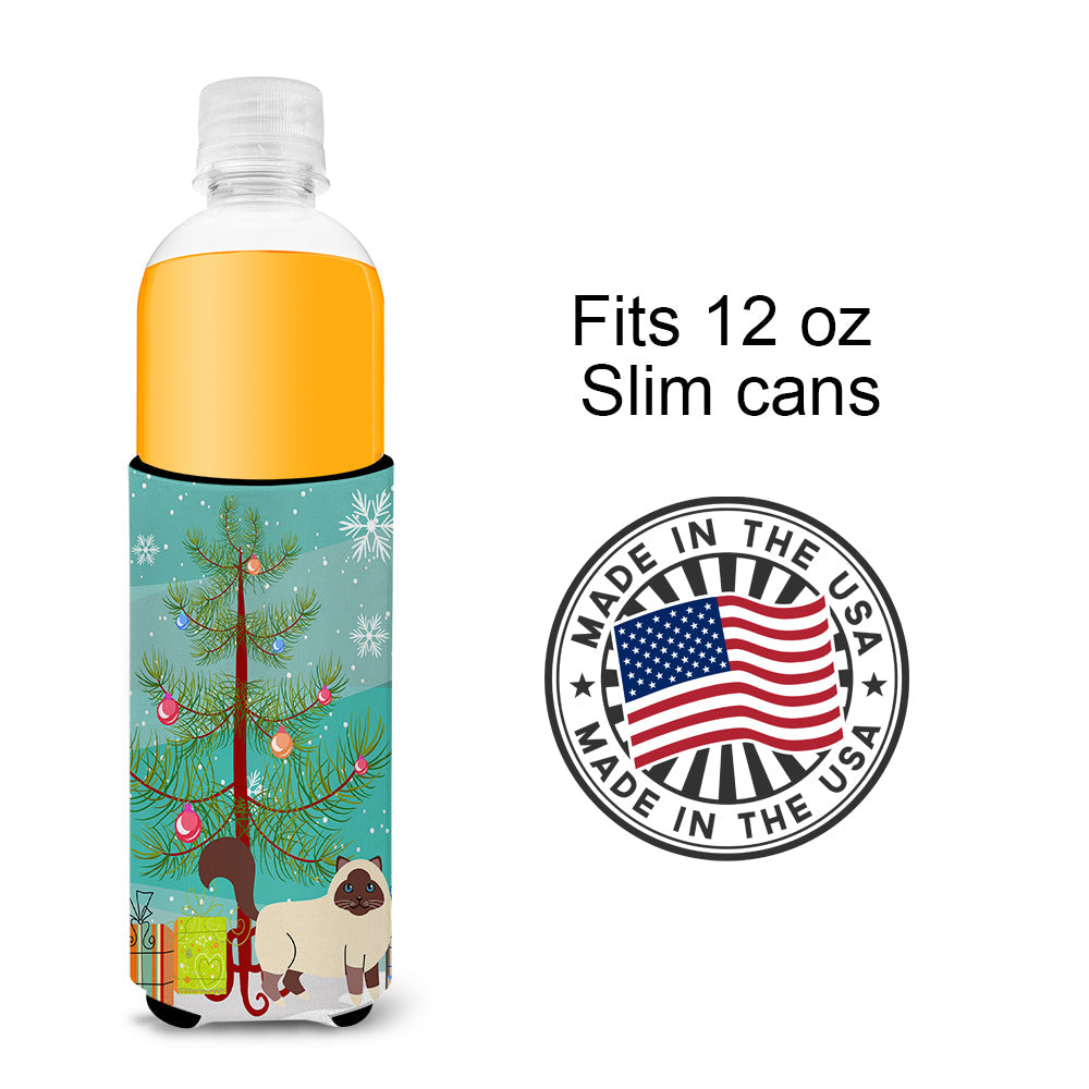 Birman Cat Merry Christmas Tree Slim Can Hugger , Insulated Foam Hugger for 12 oz Slim Cans, Beer Bottles & Water Bottles, Printed in USA