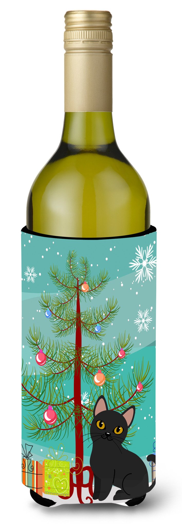 Bombay Cat Merry Christmas Tree Wine Bottle Hugger Gift Sleeve for Standard 750 ml Bottles, Insulated Reusable Also Fits Mini Shot & Pint Bottles