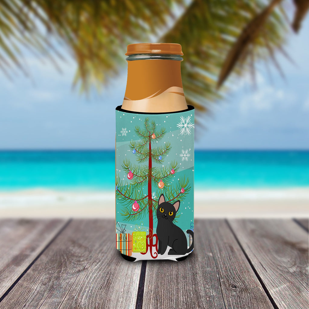 Bombay Cat Merry Christmas Tree Slim Can Hugger , Insulated Foam Hugger for 12 oz Slim Cans, Beer Bottles & Water Bottles, Printed in USA