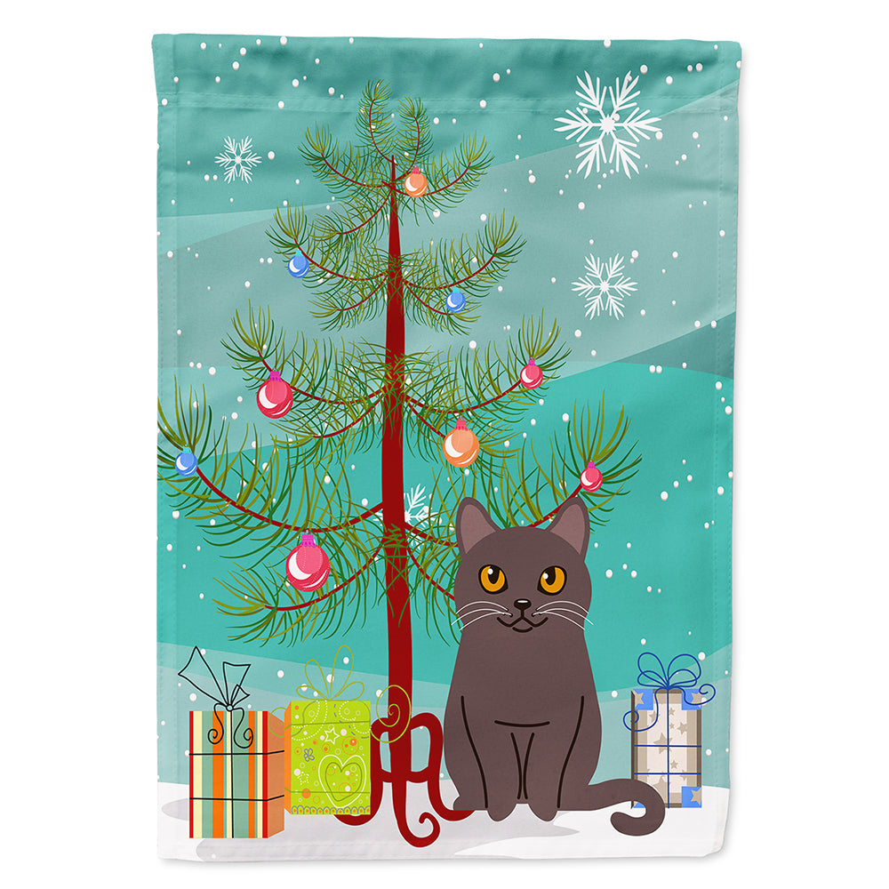 Chartreux Cat Merry Christmas Tree House Flag 28x40 Porch Sleeve Pole Decorative Outside Yard Banner Artwork Wall Hanging, Polyester
