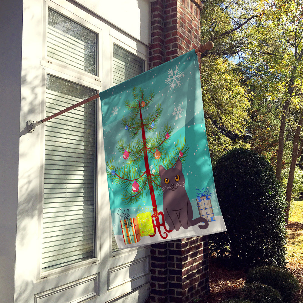 Chartreux Cat Merry Christmas Tree House Flag 28x40 Porch Sleeve Pole Decorative Outside Yard Banner Artwork Wall Hanging, Polyester
