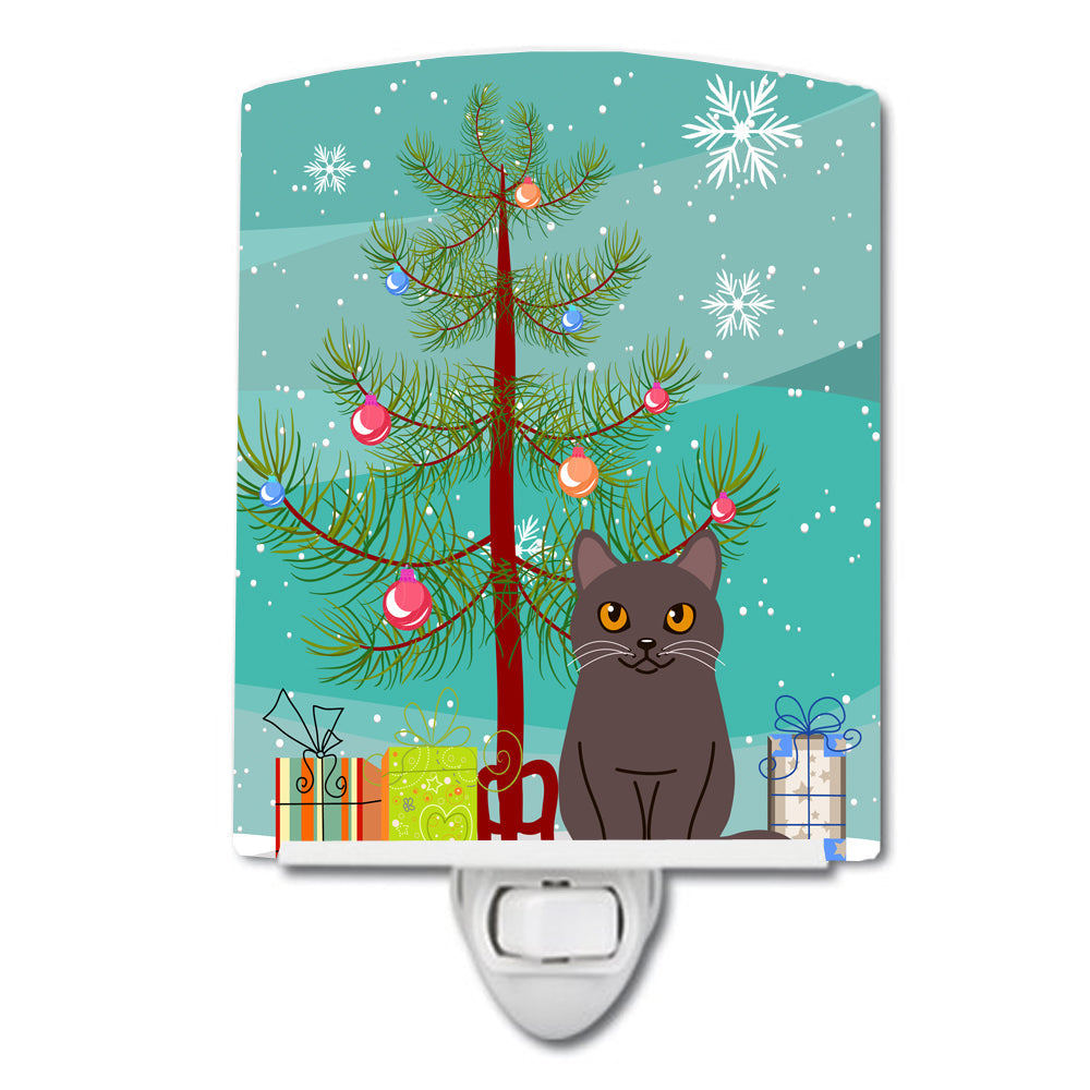 Chartreux Cat Merry Christmas Tree Ceramic Night Light Compact, UL-Certified, Ideal for Bedroom, Bathroom, Nursery, Hallway, Kitchen, 6x4x3, Multicolor
