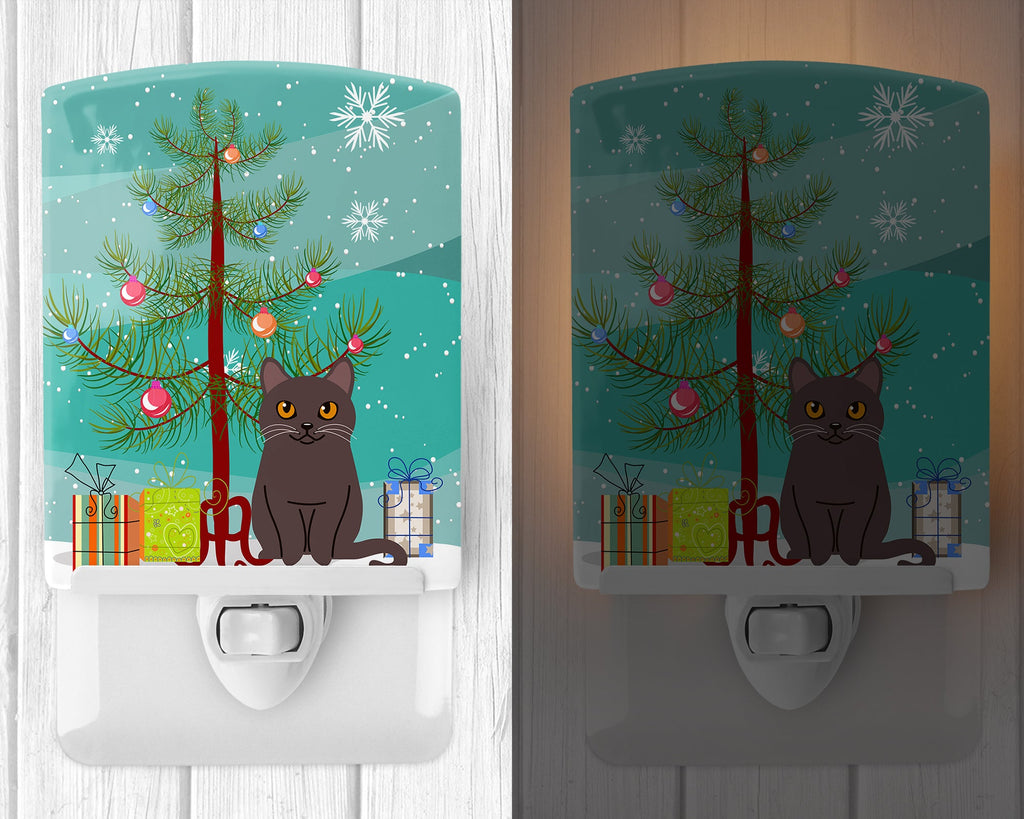 Chartreux Cat Merry Christmas Tree Ceramic Night Light Compact, UL-Certified, Ideal for Bedroom, Bathroom, Nursery, Hallway, Kitchen, 6x4x3, Multicolor