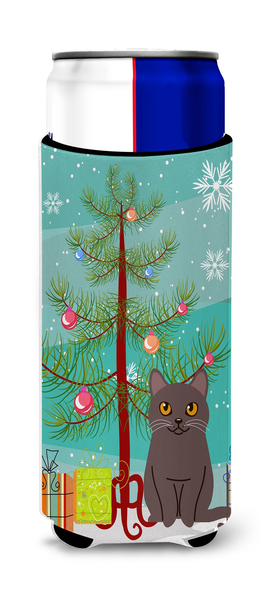 Chartreux Cat Merry Christmas Tree Slim Can Hugger , Insulated Foam Hugger for 12 oz Slim Cans, Beer Bottles & Water Bottles, Printed in USA