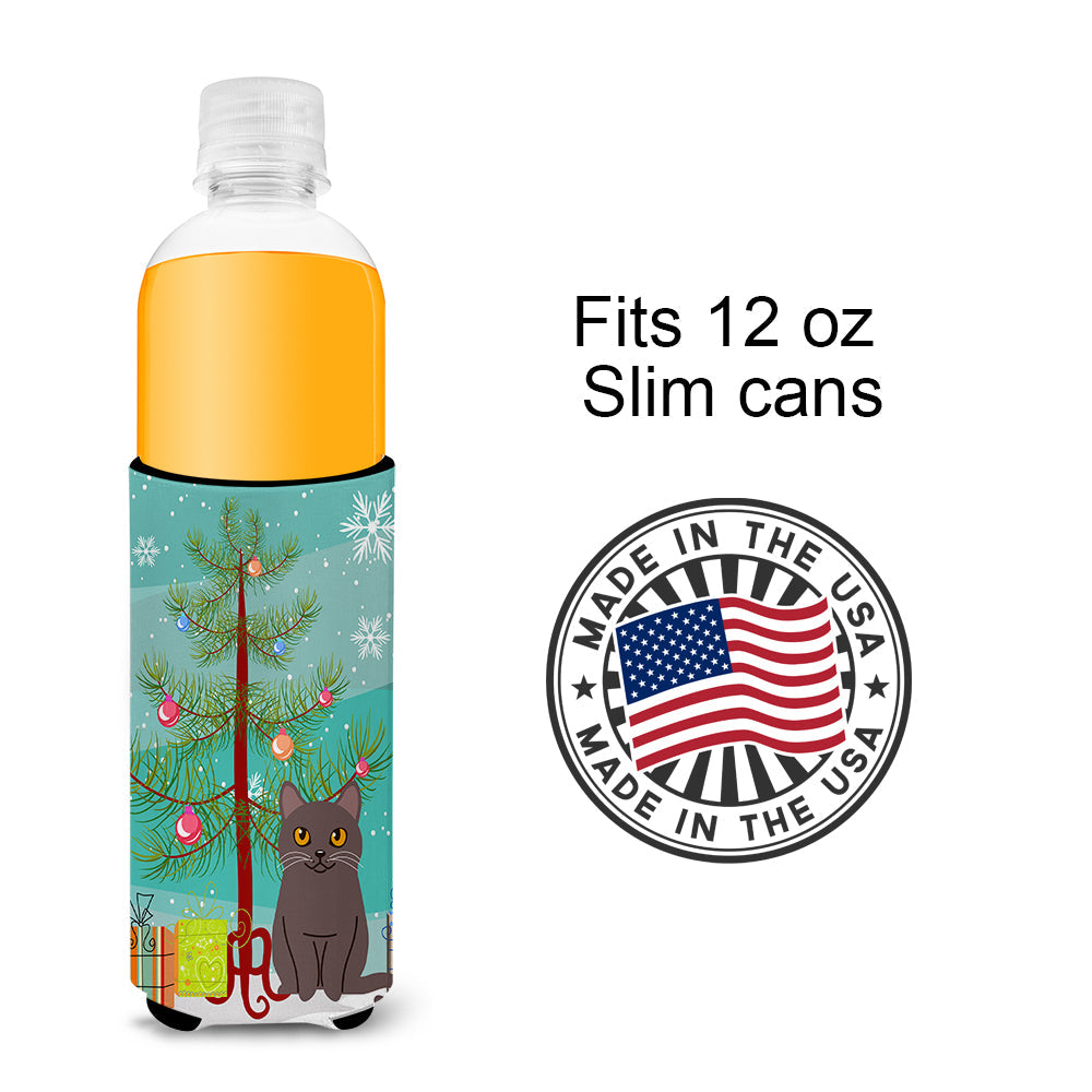 Chartreux Cat Merry Christmas Tree Slim Can Hugger , Insulated Foam Hugger for 12 oz Slim Cans, Beer Bottles & Water Bottles, Printed in USA