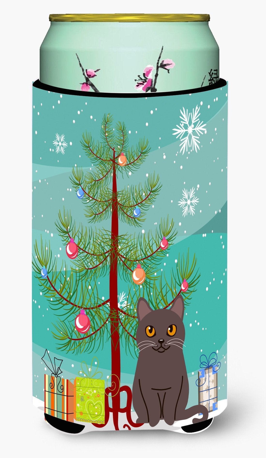 Chartreux Cat Merry Christmas Tree Tall Boy Hugger Can Cooler Sleeve Machine Washable Drink Collapsible Insulator Beverage Insulated Holder