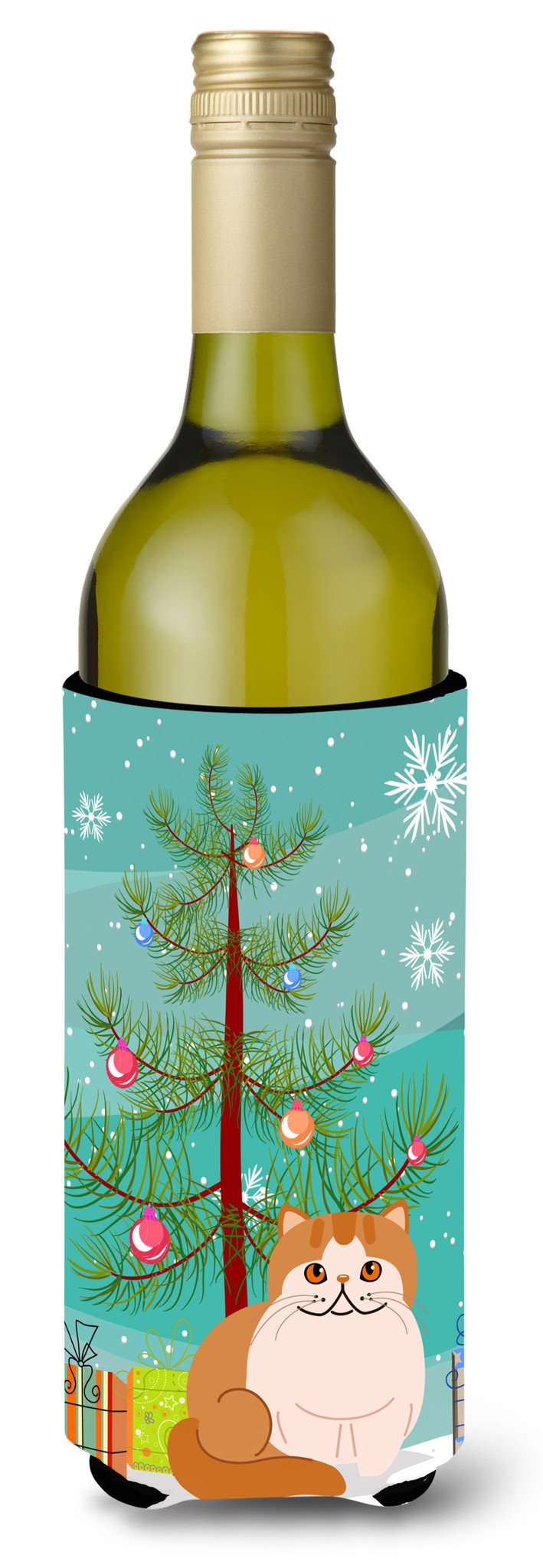 Exotic Shorthair Cat Merry Christmas Tree Wine Bottle Hugger Gift Sleeve for Standard 750 ml Bottles, Insulated Reusable Also Fits Mini Shot & Pint Bottles
