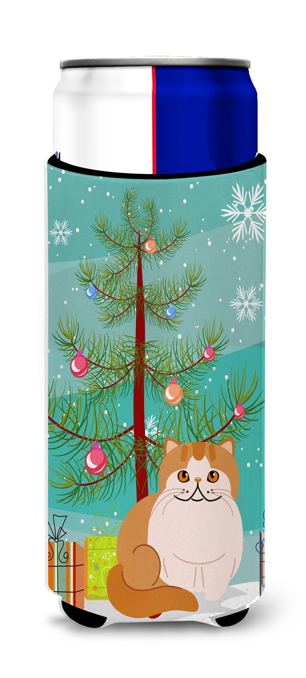 Exotic Shorthair Cat Merry Christmas Tree Slim Can Hugger , Insulated Foam Hugger for 12 oz Slim Cans, Beer Bottles & Water Bottles, Printed in USA