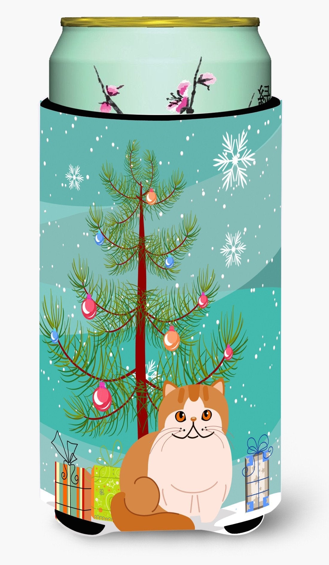 Exotic Shorthair Cat Merry Christmas Tree Tall Boy Hugger Can Cooler Sleeve Machine Washable Drink Collapsible Insulator Beverage Insulated Holder