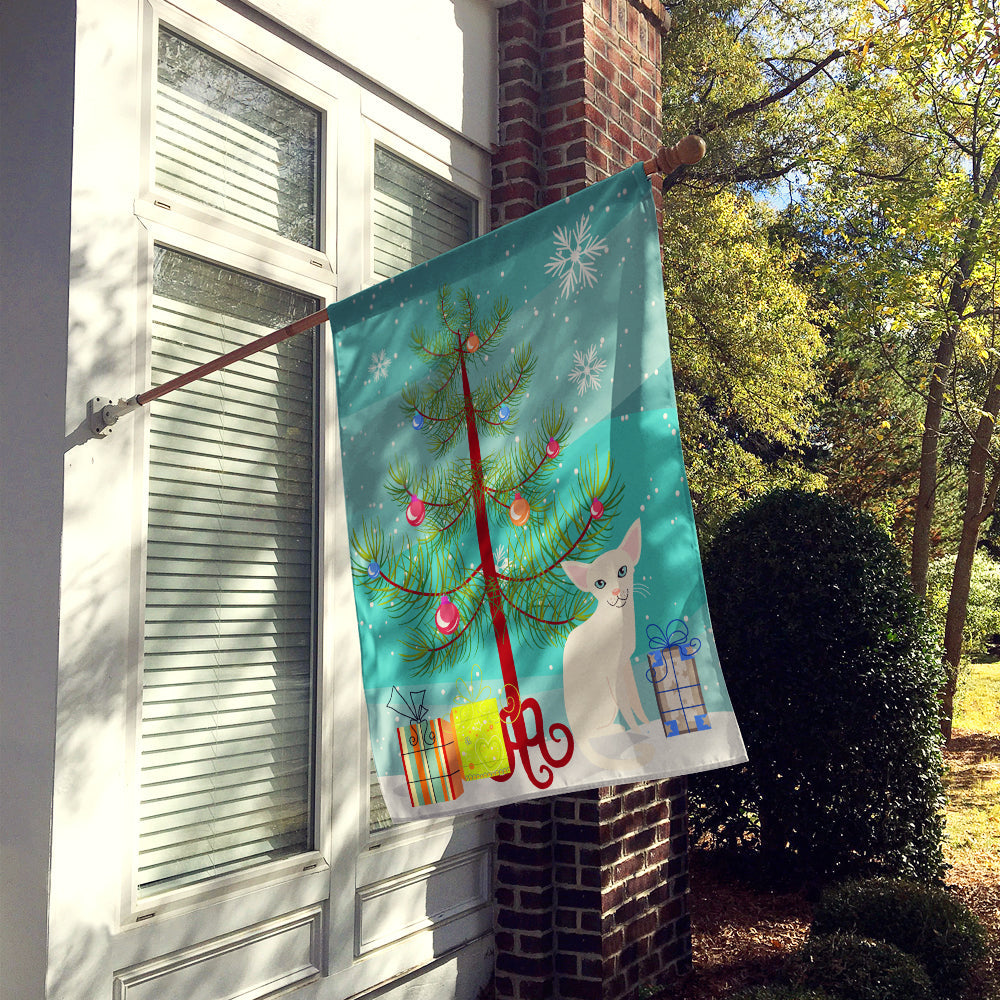 Foreign White Cat Merry Christmas Tree House Flag 28x40 Porch Sleeve Pole Decorative Outside Yard Banner Artwork Wall Hanging, Polyester