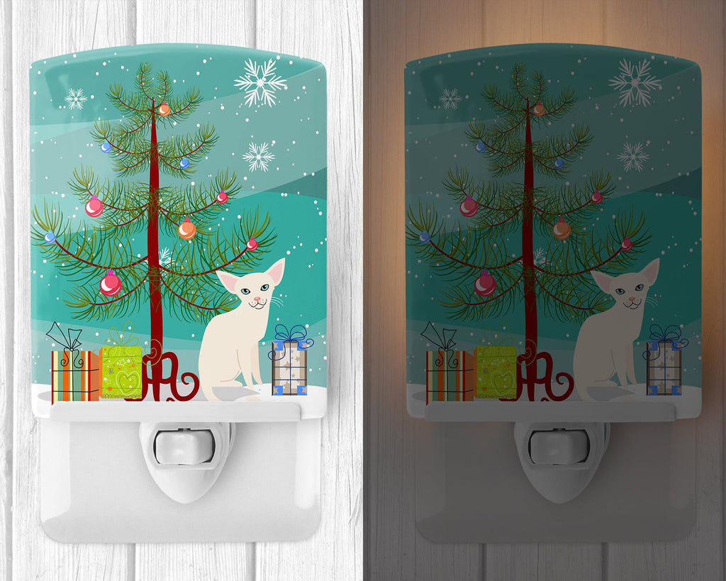 Foreign White Cat Merry Christmas Tree Ceramic Night Light Compact, UL-Certified, Ideal for Bedroom, Bathroom, Nursery, Hallway, Kitchen, 6x4x3, Multicolor