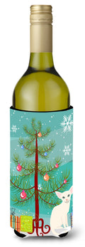 Foreign White Cat Merry Christmas Tree Wine Bottle Hugger Gift Sleeve for Standard 750 ml Bottles, Insulated Reusable Also Fits Mini Shot & Pint Bottles