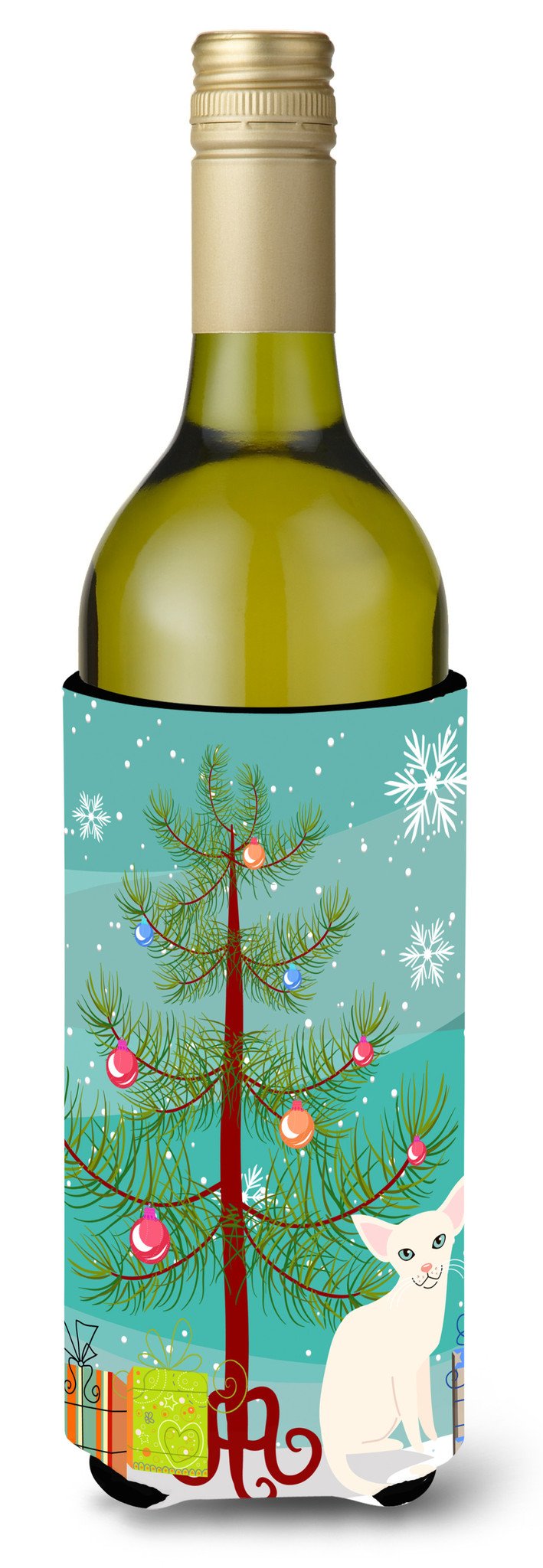 Foreign White Cat Merry Christmas Tree Wine Bottle Hugger Gift Sleeve for Standard 750 ml Bottles, Insulated Reusable Also Fits Mini Shot & Pint Bottles