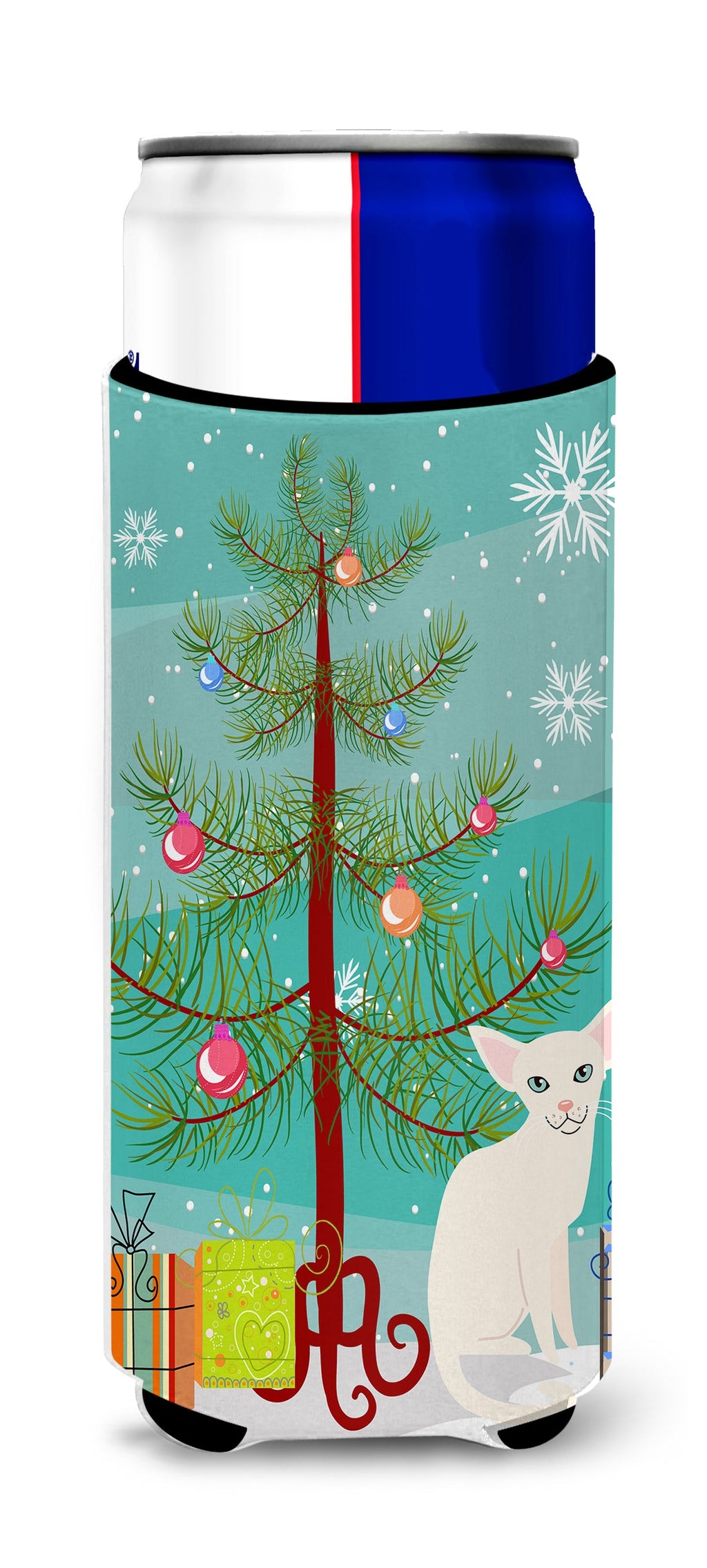 Foreign White Cat Merry Christmas Tree Slim Can Hugger , Insulated Foam Hugger for 12 oz Slim Cans, Beer Bottles & Water Bottles, Printed in USA