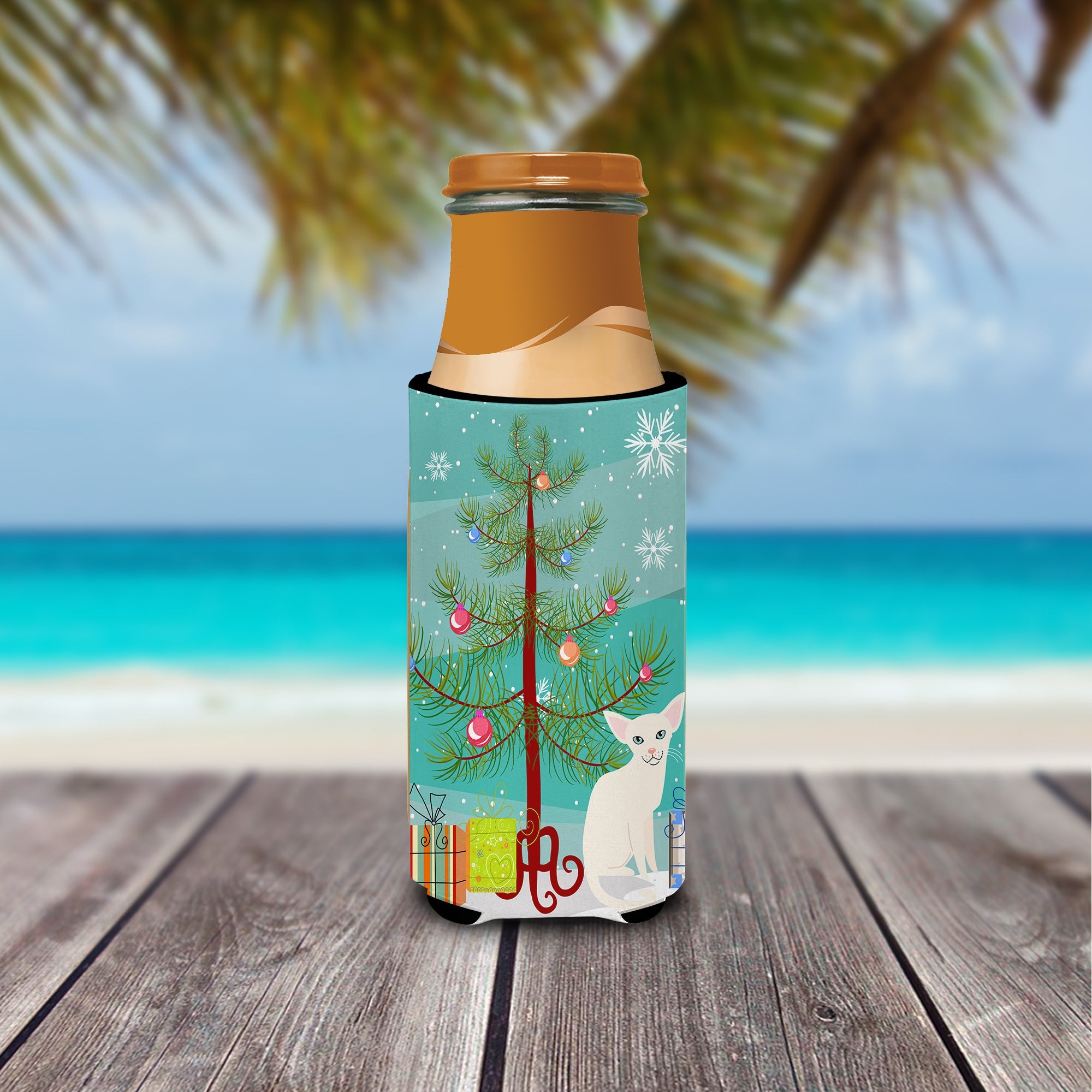 Foreign White Cat Merry Christmas Tree Slim Can Hugger , Insulated Foam Hugger for 12 oz Slim Cans, Beer Bottles & Water Bottles, Printed in USA