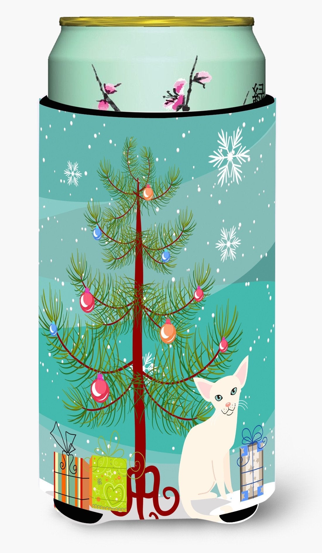 Foreign White Cat Merry Christmas Tree Tall Boy Hugger Can Cooler Sleeve Machine Washable Drink Collapsible Insulator Beverage Insulated Holder