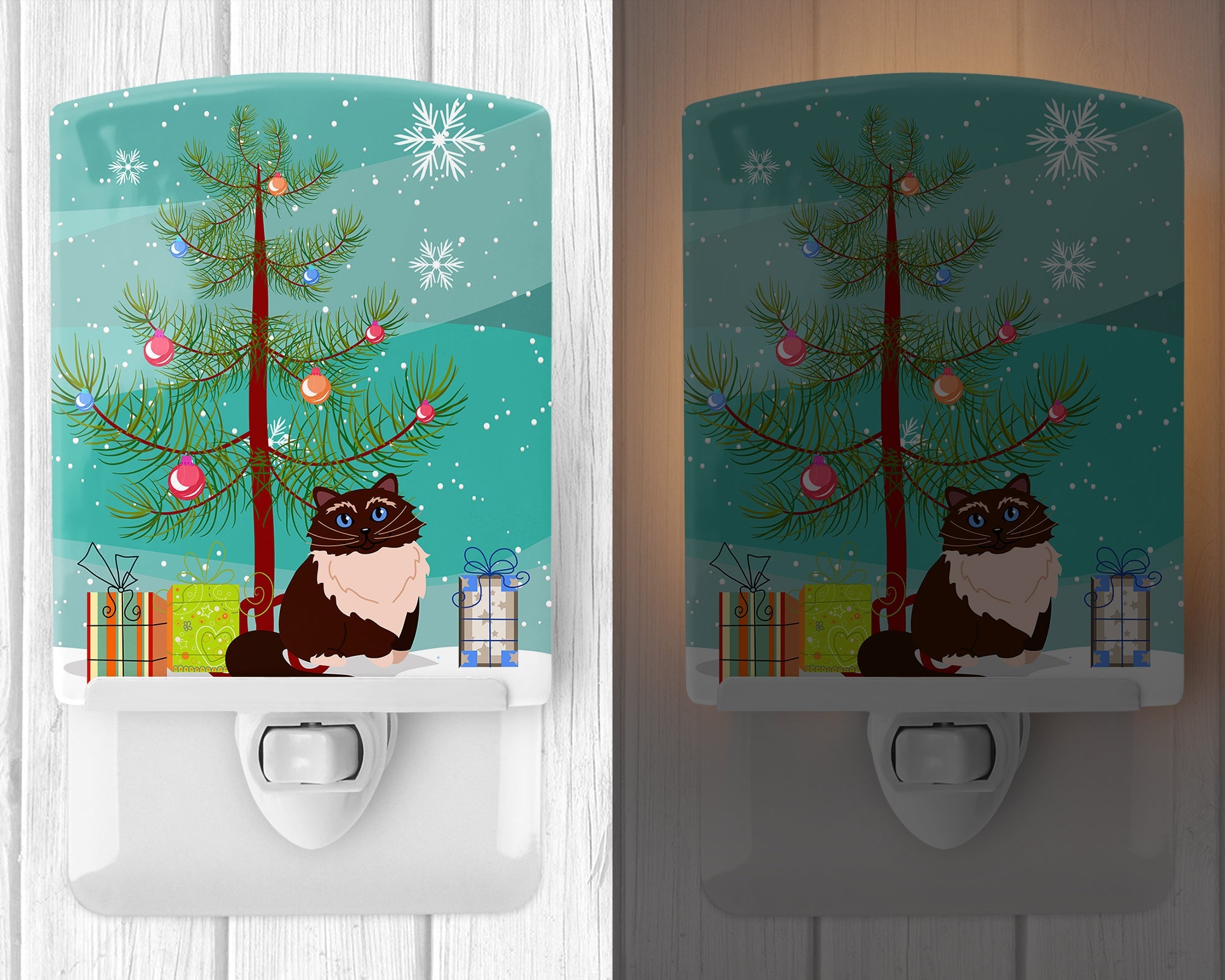 Himalayan Cat Merry Christmas Tree Ceramic Night Light Compact, UL-Certified, Ideal for Bedroom, Bathroom, Nursery, Hallway, Kitchen, 6x4x3, Multicolor