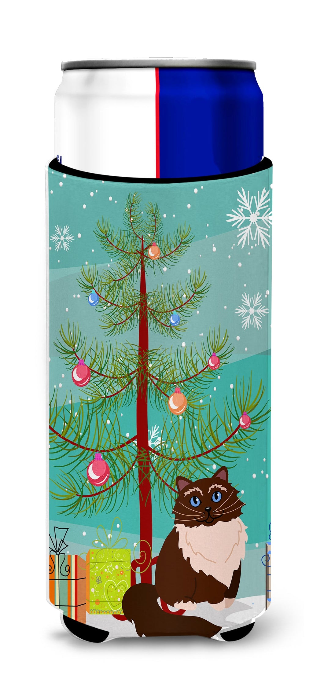 Himalayan Cat Merry Christmas Tree Slim Can Hugger , Insulated Foam Hugger for 12 oz Slim Cans, Beer Bottles & Water Bottles, Printed in USA