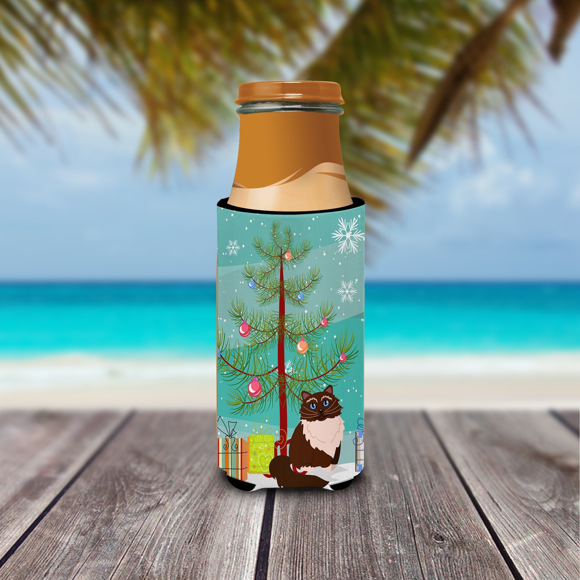 Himalayan Cat Merry Christmas Tree Slim Can Hugger , Insulated Foam Hugger for 12 oz Slim Cans, Beer Bottles & Water Bottles, Printed in USA
