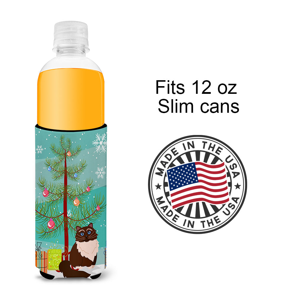 Himalayan Cat Merry Christmas Tree Slim Can Hugger , Insulated Foam Hugger for 12 oz Slim Cans, Beer Bottles & Water Bottles, Printed in USA