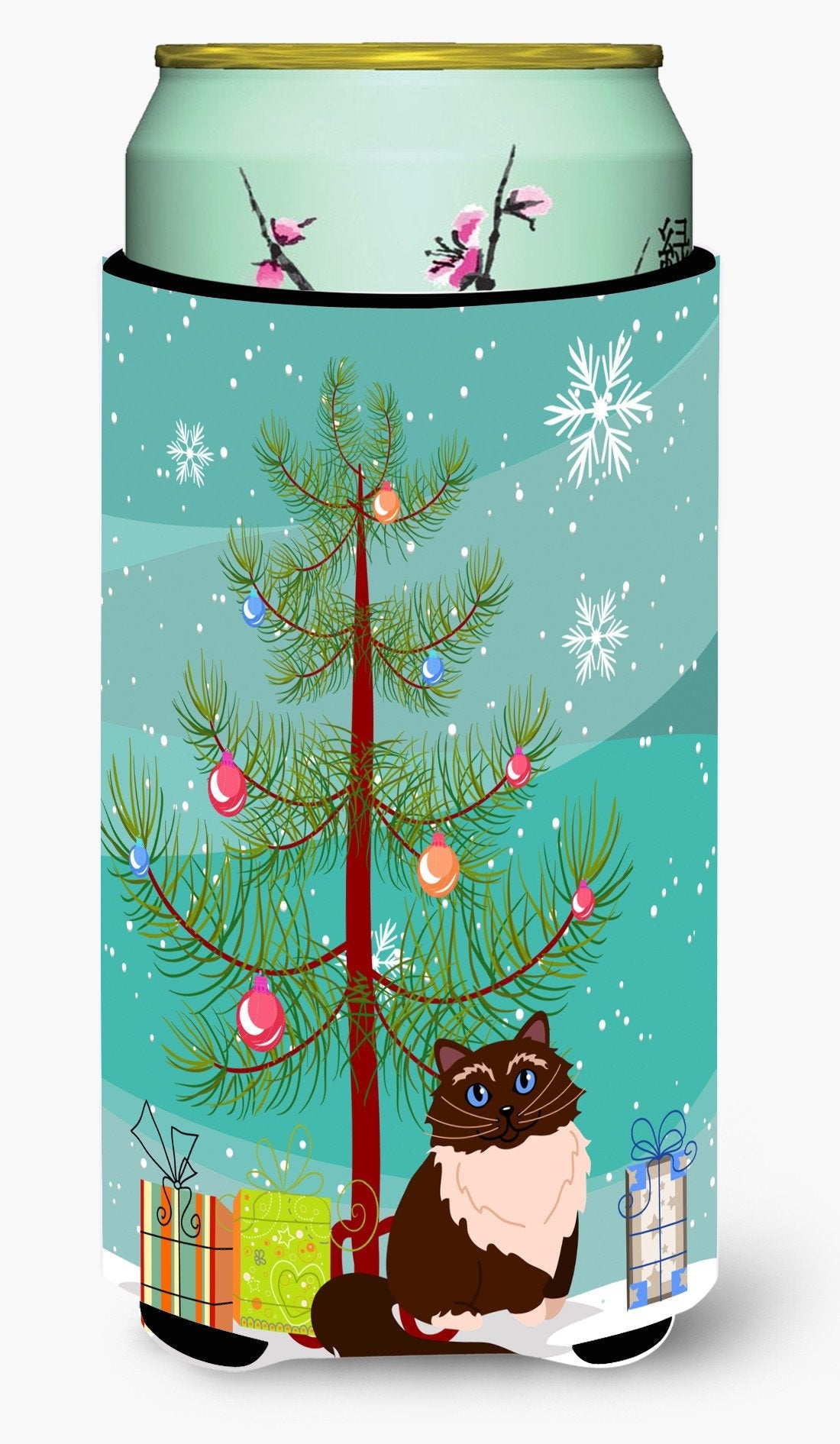 Himalayan Cat Merry Christmas Tree Tall Boy Hugger Can Cooler Sleeve Machine Washable Drink Collapsible Insulator Beverage Insulated Holder