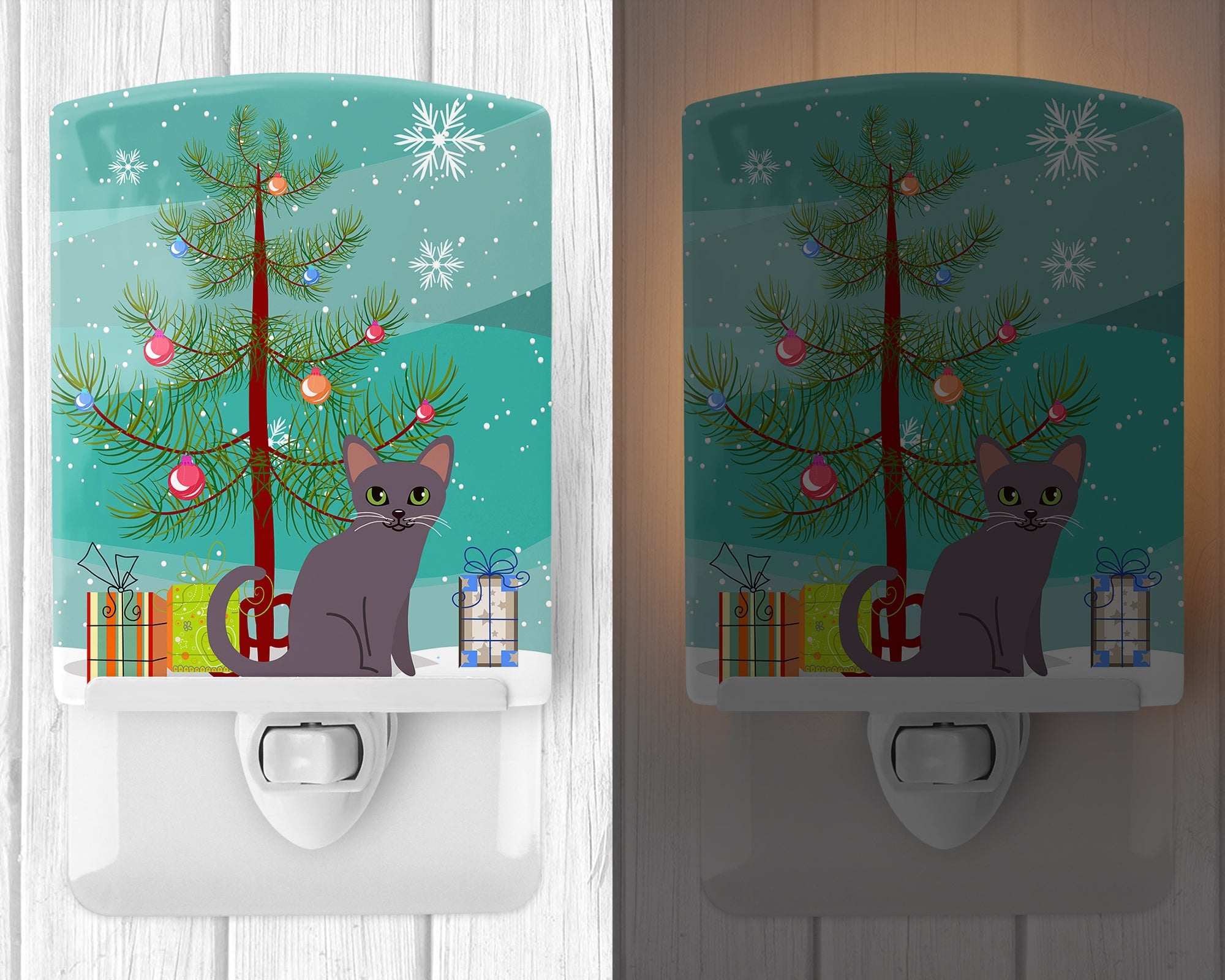 Korat Cat Merry Christmas Tree Ceramic Night Light Compact, UL-Certified, Ideal for Bedroom, Bathroom, Nursery, Hallway, Kitchen, 6x4x3, Multicolor