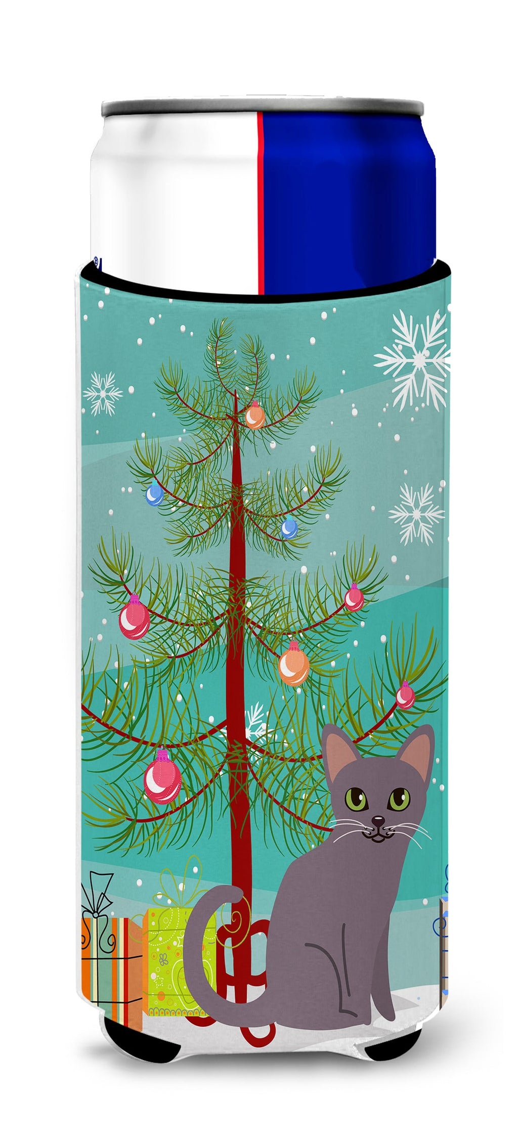 Korat Cat Merry Christmas Tree Slim Can Hugger , Insulated Foam Hugger for 12 oz Slim Cans, Beer Bottles & Water Bottles, Printed in USA