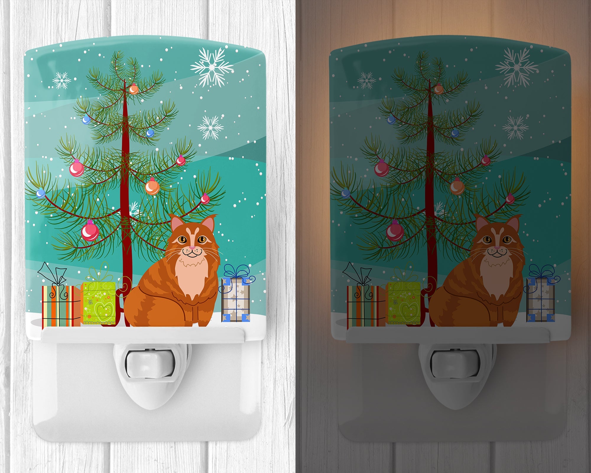 Maine Coon Cat Merry Christmas Tree Ceramic Night Light Compact, UL-Certified, Ideal for Bedroom, Bathroom, Nursery, Hallway, Kitchen, 6x4x3, Multicolor