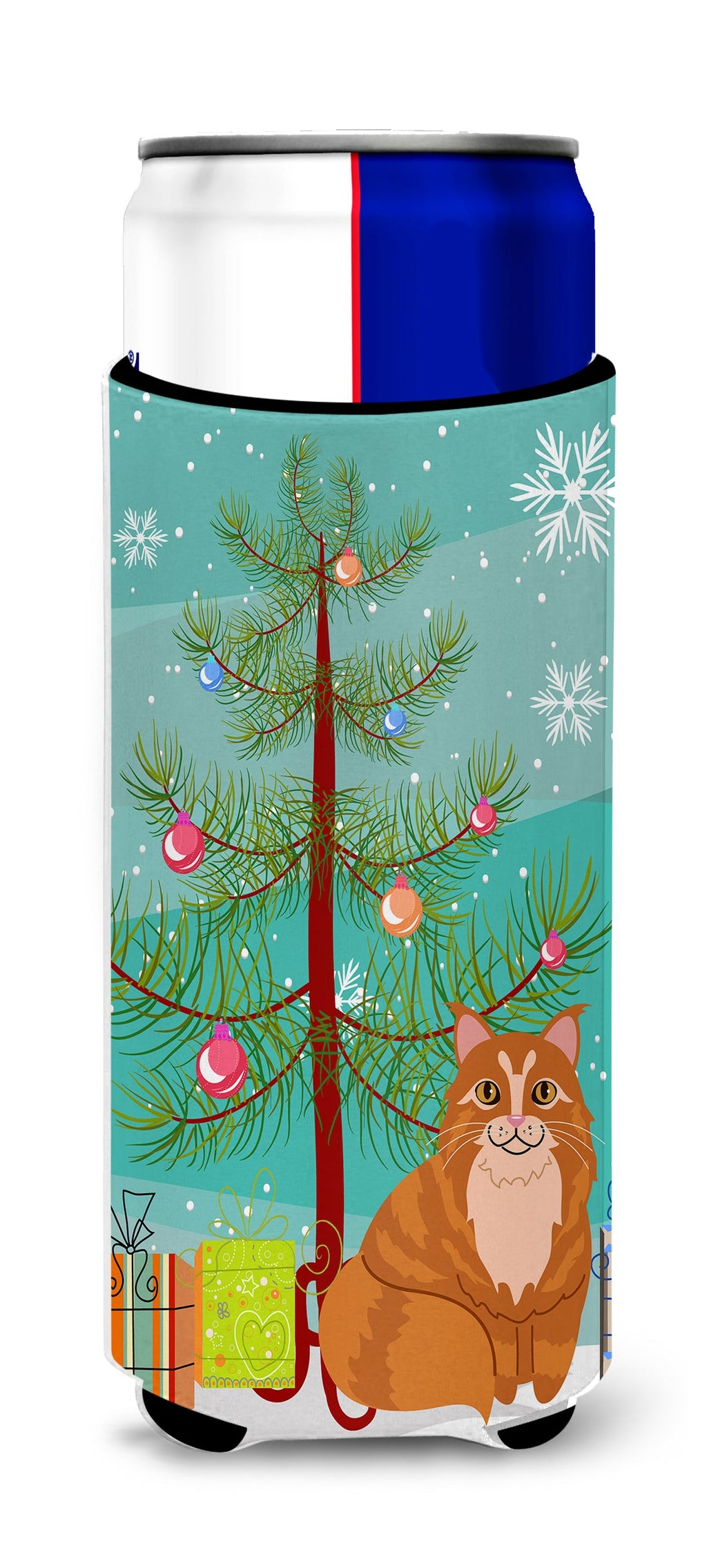 Maine Coon Cat Merry Christmas Tree Slim Can Hugger , Insulated Foam Hugger for 12 oz Slim Cans, Beer Bottles & Water Bottles, Printed in USA