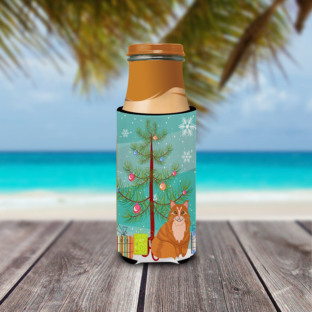 Maine Coon Cat Merry Christmas Tree Slim Can Hugger , Insulated Foam Hugger for 12 oz Slim Cans, Beer Bottles & Water Bottles, Printed in USA