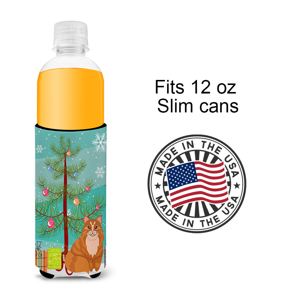 Maine Coon Cat Merry Christmas Tree Slim Can Hugger , Insulated Foam Hugger for 12 oz Slim Cans, Beer Bottles & Water Bottles, Printed in USA