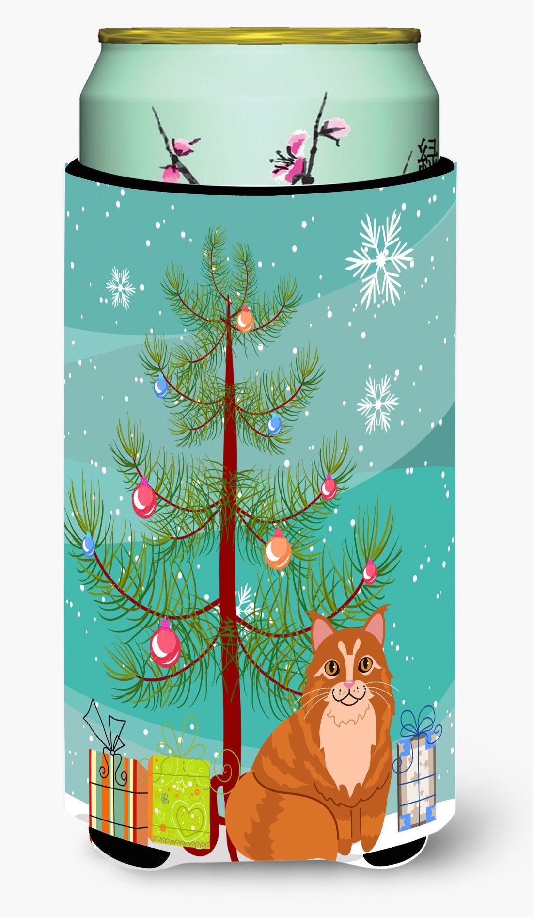 Maine Coon Cat Merry Christmas Tree Tall Boy Hugger Can Cooler Sleeve Machine Washable Drink Collapsible Insulator Beverage Insulated Holder