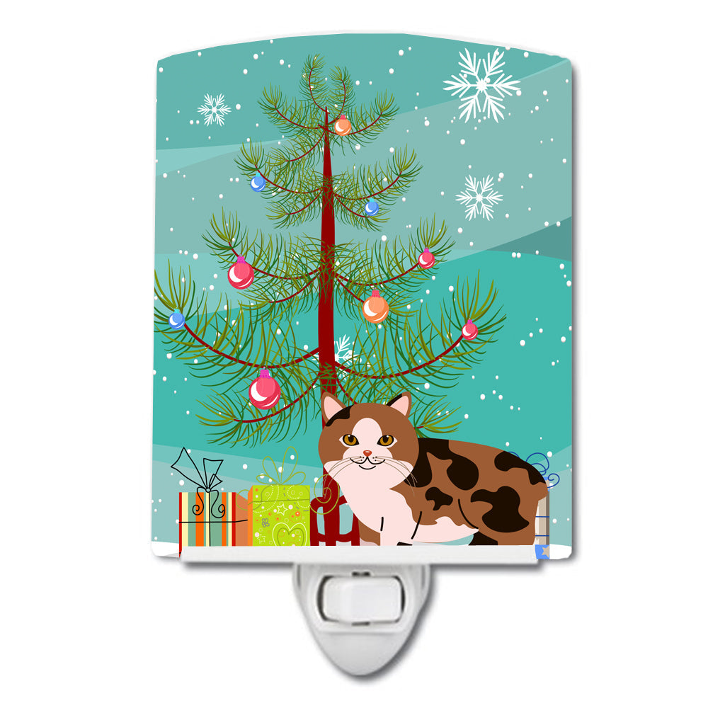 Manx Cat Merry Christmas Tree Ceramic Night Light Compact, UL-Certified, Ideal for Bedroom, Bathroom, Nursery, Hallway, Kitchen, 6x4x3, Multicolor