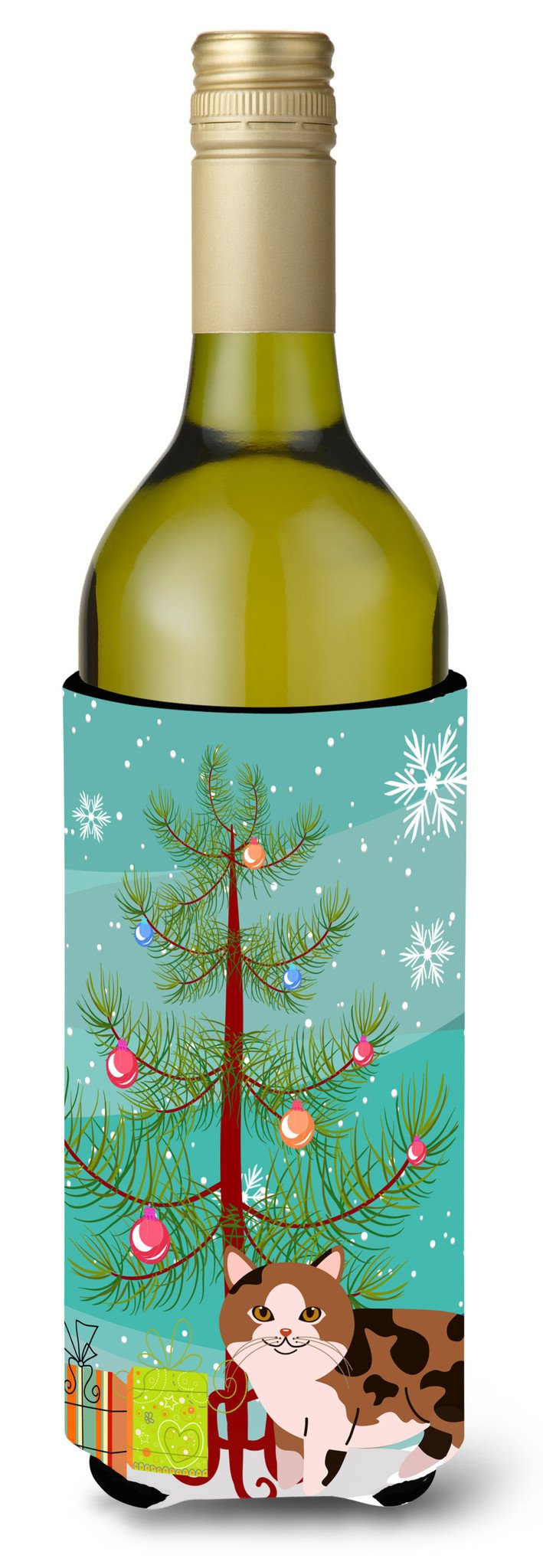 Manx Cat Merry Christmas Tree Wine Bottle Hugger Gift Sleeve for Standard 750 ml Bottles, Insulated Reusable Also Fits Mini Shot & Pint Bottles