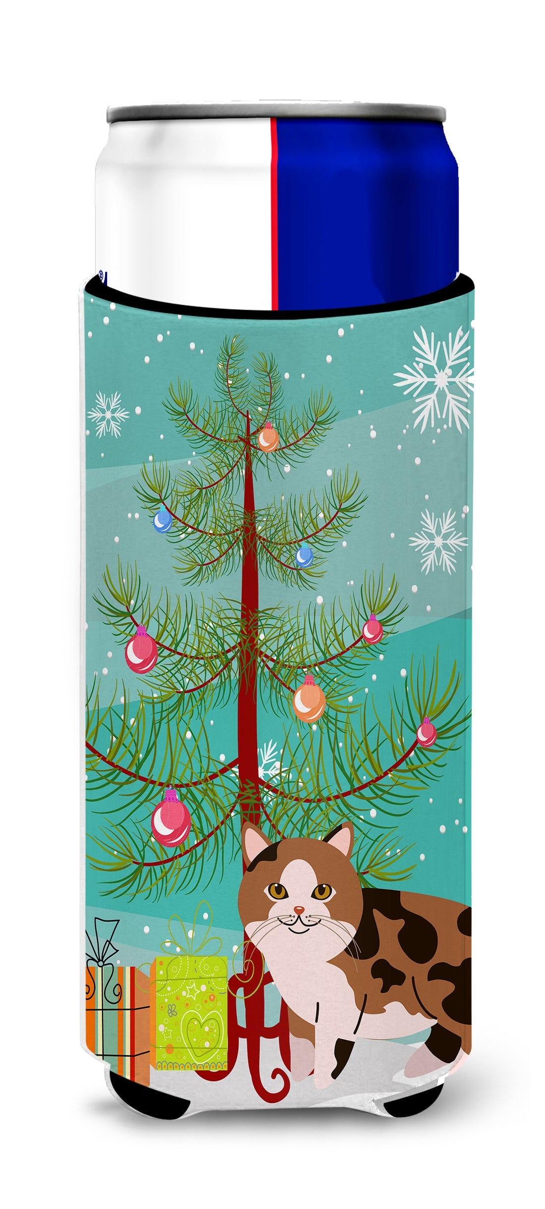 Manx Cat Merry Christmas Tree Slim Can Hugger , Insulated Foam Hugger for 12 oz Slim Cans, Beer Bottles & Water Bottles, Printed in USA