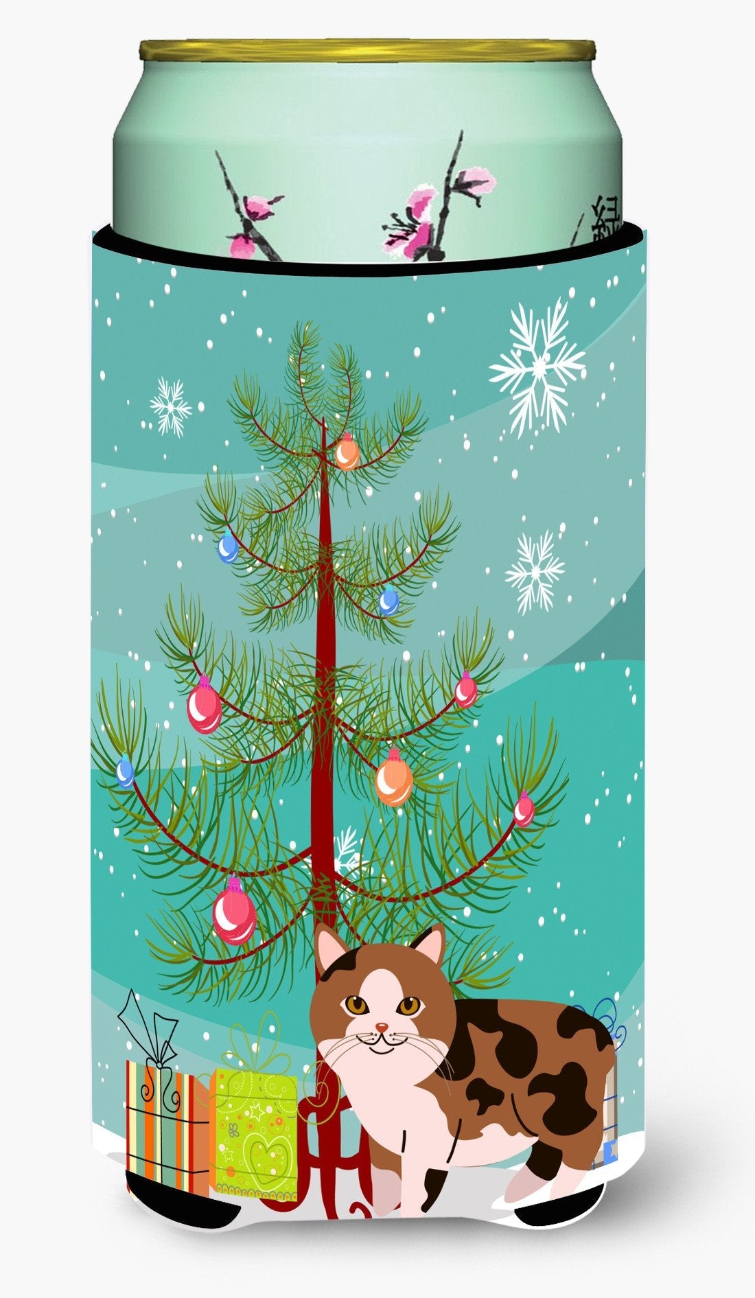 Manx Cat Merry Christmas Tree Tall Boy Hugger Can Cooler Sleeve Machine Washable Drink Collapsible Insulator Beverage Insulated Holder