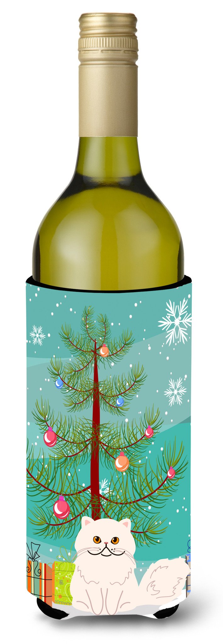 Persian Cat Merry Christmas Tree Wine Bottle Hugger Gift Sleeve for Standard 750 ml Bottles, Insulated Reusable Also Fits Mini Shot & Pint Bottles