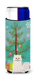 Persian Cat Merry Christmas Tree Slim Can Hugger , Insulated Foam Hugger for 12 oz Slim Cans, Beer Bottles & Water Bottles, Printed in USA
