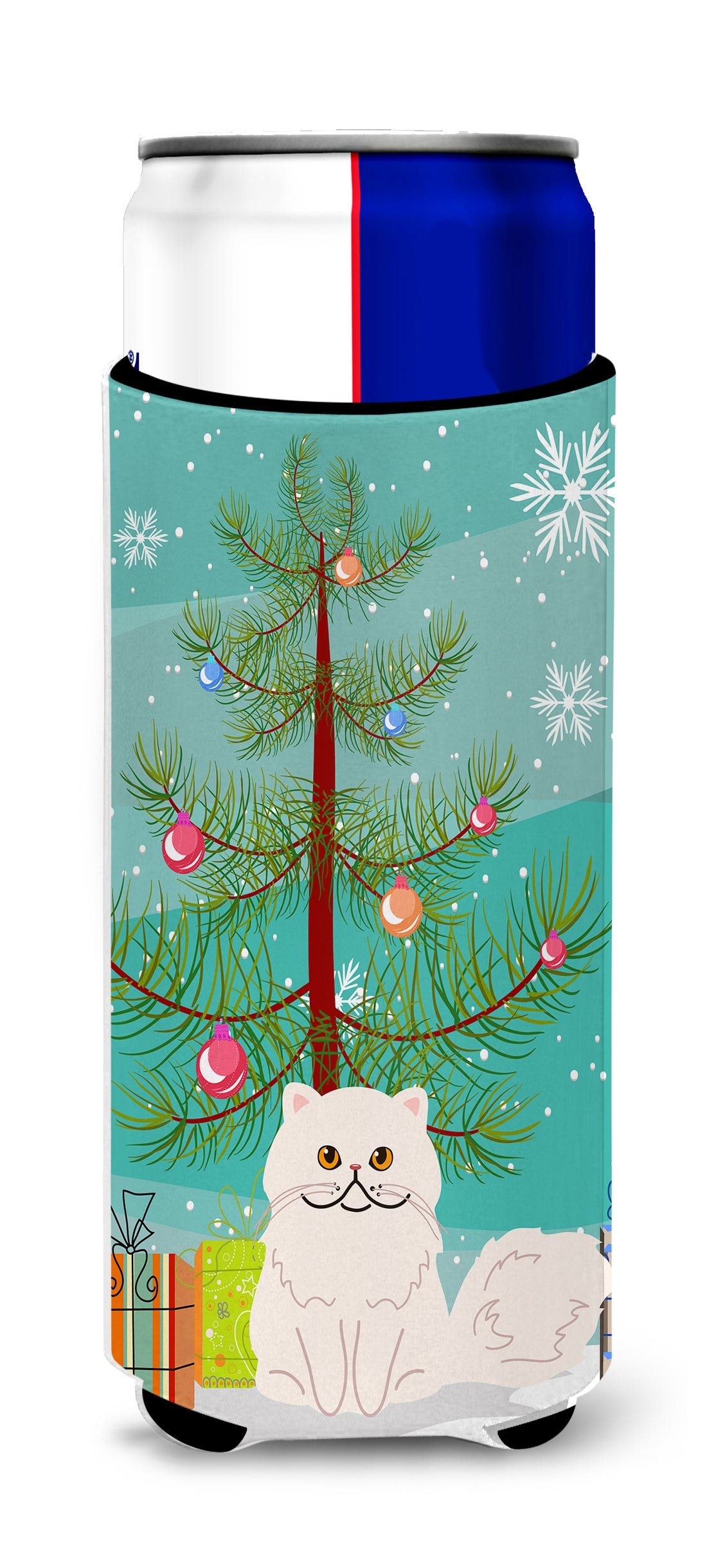 Persian Cat Merry Christmas Tree Slim Can Hugger , Insulated Foam Hugger for 12 oz Slim Cans, Beer Bottles & Water Bottles, Printed in USA