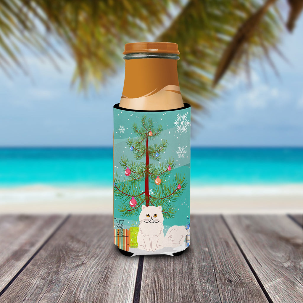 Persian Cat Merry Christmas Tree Slim Can Hugger , Insulated Foam Hugger for 12 oz Slim Cans, Beer Bottles & Water Bottles, Printed in USA